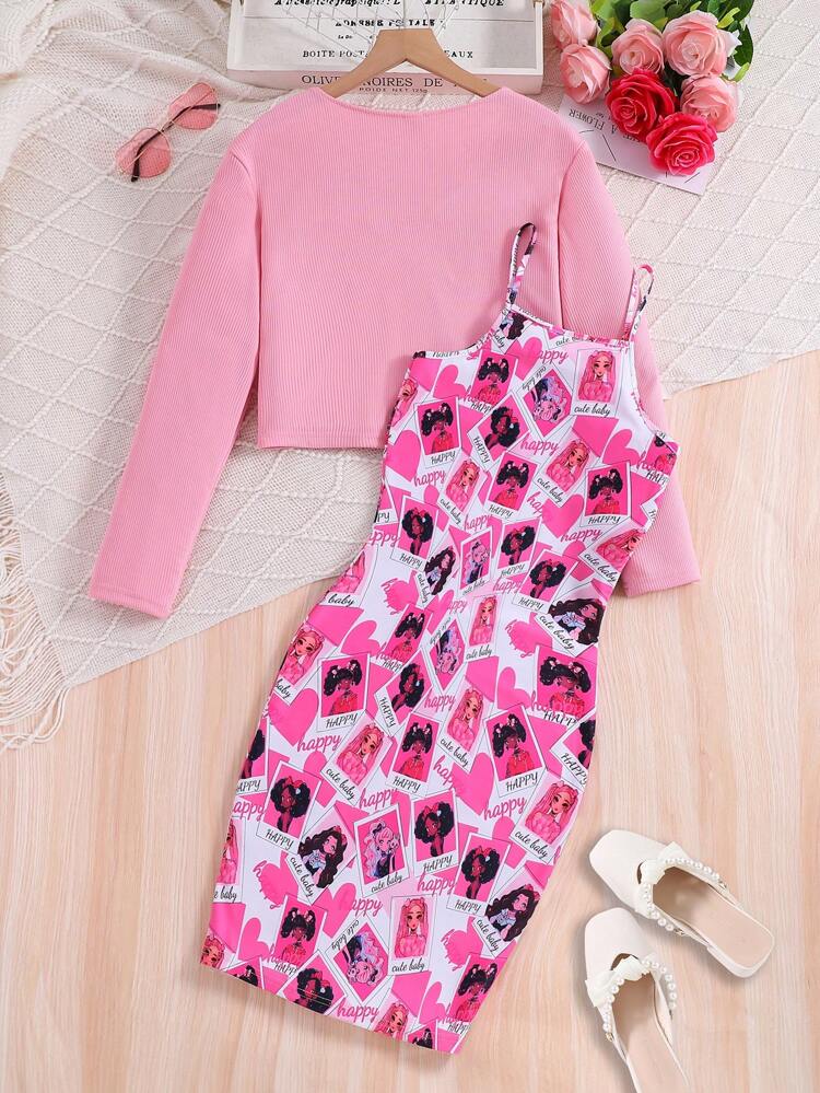 Teen Girls' Button-Front Long Sleeve Top And Letter Printed Cami Dress 2pcs/Set