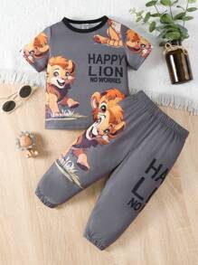 Em bé Con trai Mùa Xuân Mùa hè Đúng mốt Hoạt hình Sư tử In Khẩu hiệu Ngắn tay Áo thun Và Dài Quần - Nhiều màu - Xem 1