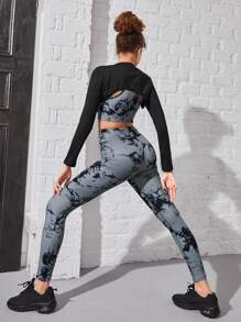 Teenage Girls' Tie Dye Grey Yoga Suit With High Elasticity, Free Stretch, Skin-Friendly, Comfortable, Soft And Breathable For Outdoor Sports - Multicolor - View 2