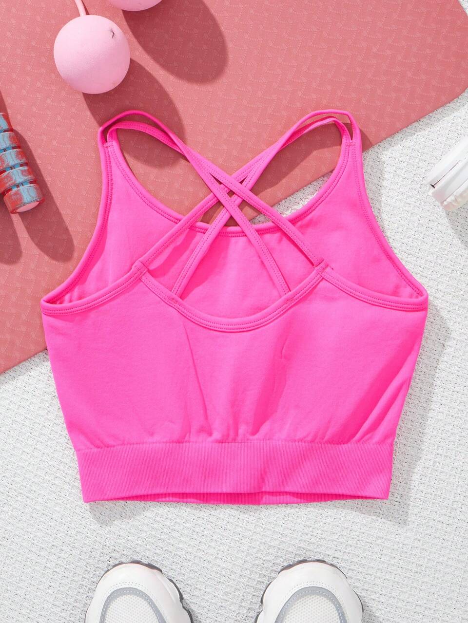 Teen Girls' Seamless Knitted Solid Color Cross Back Sports Vest