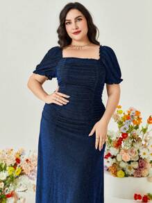 Modelyn Kích thước lớn Hình vuông Đường viền cổ áo Xếp li Váy sequin - Xanh đậm - Xem 4