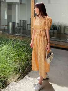 DAZY 女士短袖圆领碎花连衣裙田园风连衣裙吊带裙度假装 - 亮橙色 - 查看 6