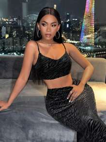 Zolique Women'S Zebra Print Camisole Top And Mermaid Tail Skirt Set - Black - View 5