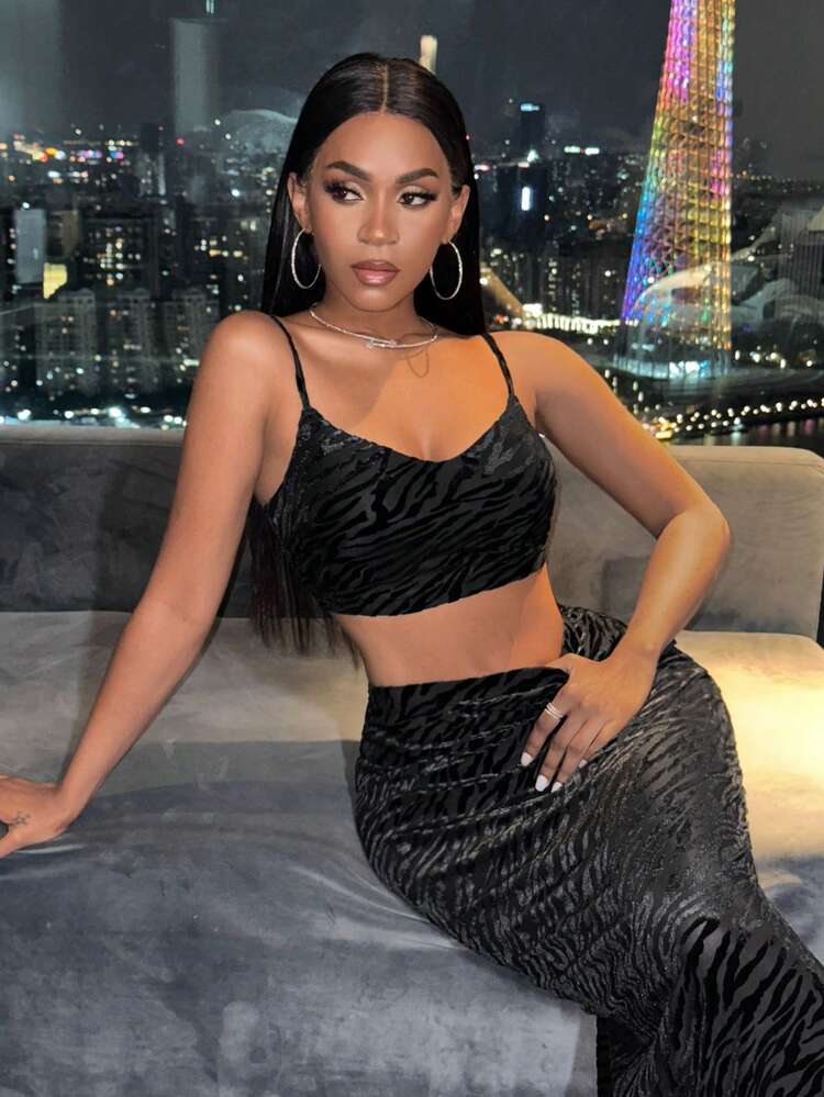 Women'S Zebra Print Camisole Top And Mermaid Tail Skirt Set