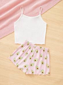 SHEIN 少女針織鳄梨花紋背心與寬鬆短褲家居套裝 - 彩色 - 查看 2