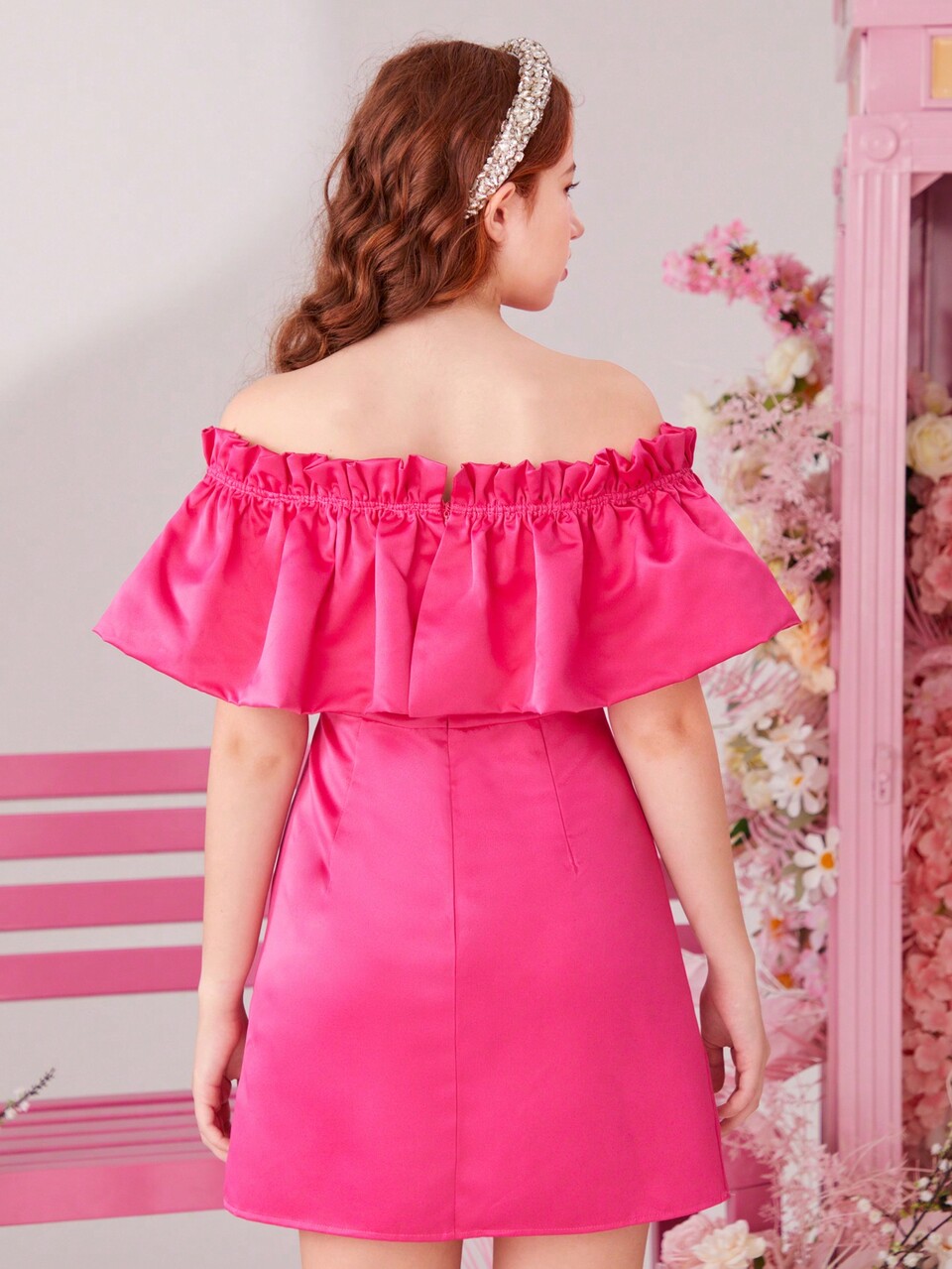 Teen Girls' Solid Color Woven Off Shoulder Casual Dress