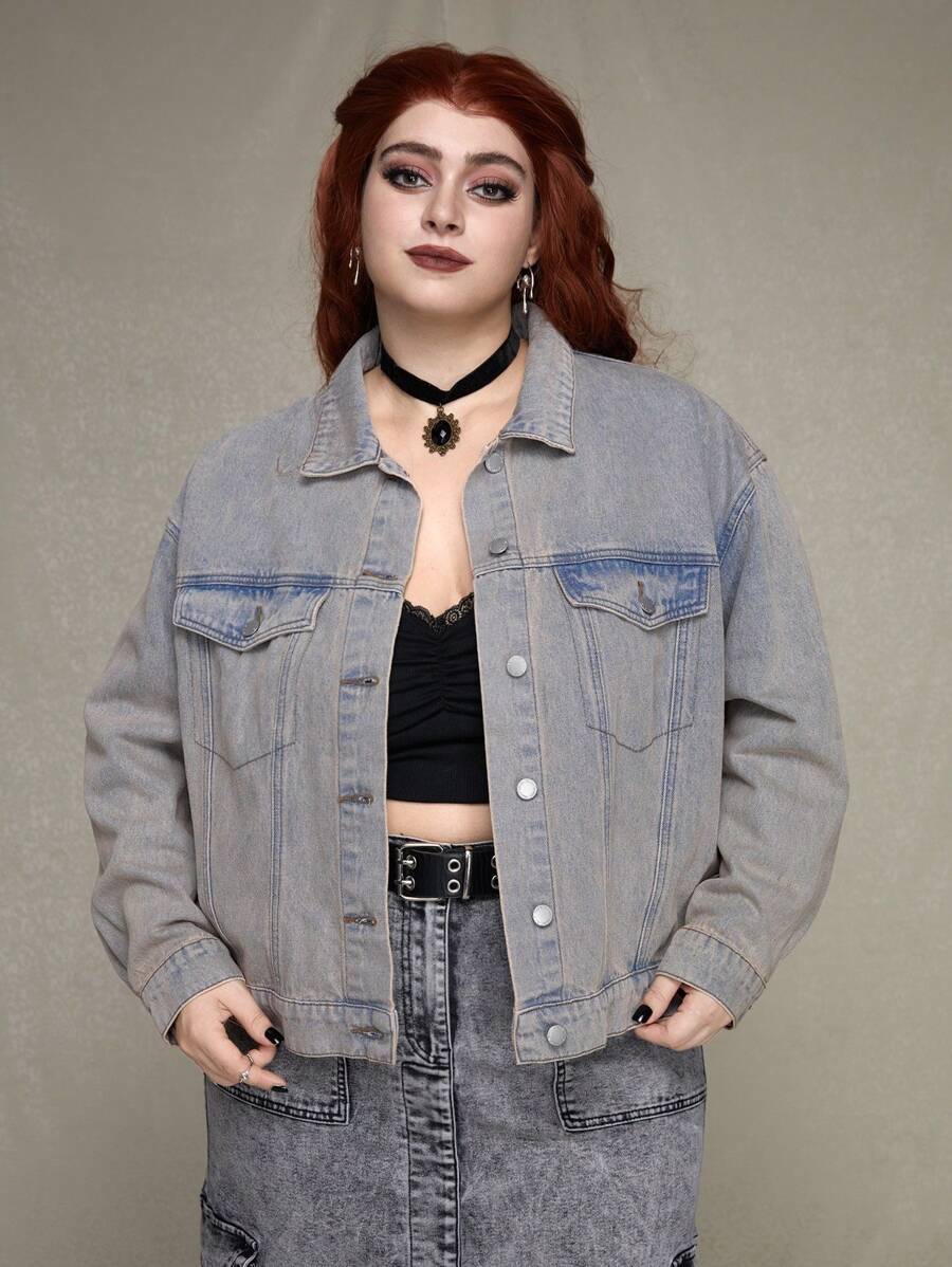 ROMWE PUNK 大尺碼女式復古下垂肩牛仔外套 - 棕色 - 查看 1