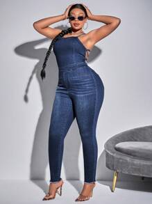SHEIN SXY Plus Size Women'S Denim Jumpsuit With Backless Design And Tie Straps - Blue - View 5
