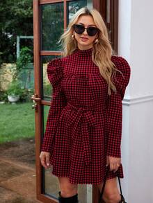 SHEIN Privé Women's Plaid Leg-Of-Mutton Sleeve With Waist Belt Dress - Red - View 3