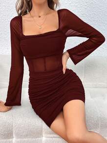 Firerie Women's Mesh Contrast High Waist Ruffle Bodycon Dress