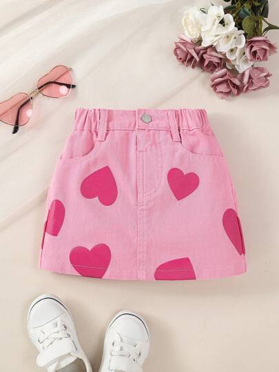 Young Girl Y2k Style Sweet And Cool Heart-Shaped Printing Elastic Waist Denim Skirt Summer Holiday