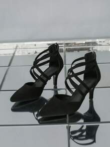 少女性感尖頭跨綁細跟黑色高跟鞋 - 黑色 - 查看 6