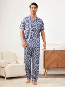 Men's Gentleman Style Blue Plaid Lapel Short Sleeve Button Front Pajama Set With Slight Stretch Fabric - Blue - View 7
