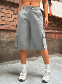 SHEIN EZwear Women's Grey Woven Cargo Shorts - Grey - View 1