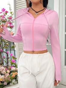 SHEIN EZwear Zippered Cropped Slim Fit Hoodie - Pink - View 4
