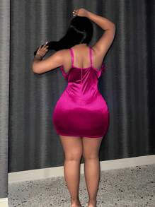 Slaydiva 加大尺碼女士拼接打摺細肩帶連身裙 - 玫紅色 - 查看 2