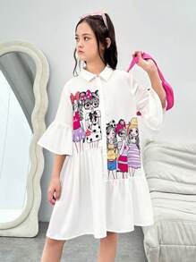 SHEIN 少女街頭風漫畫印花寬鬆短袖襯衫裙,適用於春夏季節 - 白色 - 查看 5
