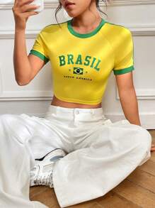 SHEIN EZwear Camiseta Bordada De Estilo Brasileño Con Combinación De Colores