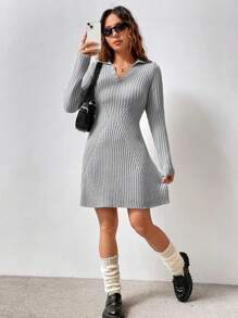 Flirla Vestido Suéter De Moda Con Cintura Ajustada - Gris - Ver 7