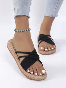 Women's Flat Sandals, Comfortable Slippers, Open Toe Anti-Slip Solid Color Cross Strap Beach Shoes - Black - View 3