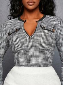 Slaydiva Front Zipper Houndstooth T-Shirt - Black and White - View 5