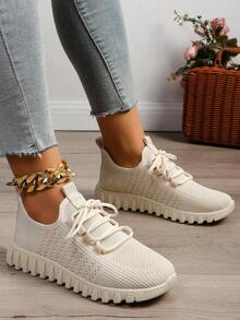 Women's Casual Sports Shoes, Breathable Decorated With Shoelaces, Beige Flat Shoes For Spring And Autumn - Beige - View 5