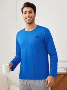 Men'S Round Neck Long Sleeve Homewear Top - Blue - View 1
