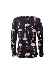 Women's Casual V-Neck Flamingo Printed T-Shirt - Black - View 2