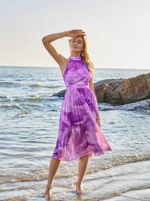 GENKIRA Tie-Dye Print Halter Neck Sleeveless Dress For Women - Multicolor - View 3
