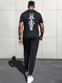 Manfinity Homme Men Plus Round Neck Short-Sleeved T-Shirt And Trousers Two-Piece Set - Black - View 2