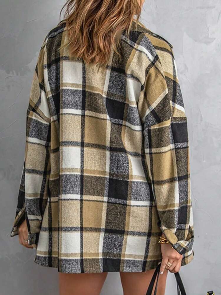Plaid Drop Shoulder Shirt Fall Cloth For Women
