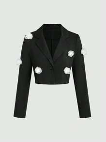 Sweetra 女裝長袖西裝外套,3d花裝飾 - 黑色 - 查看 1