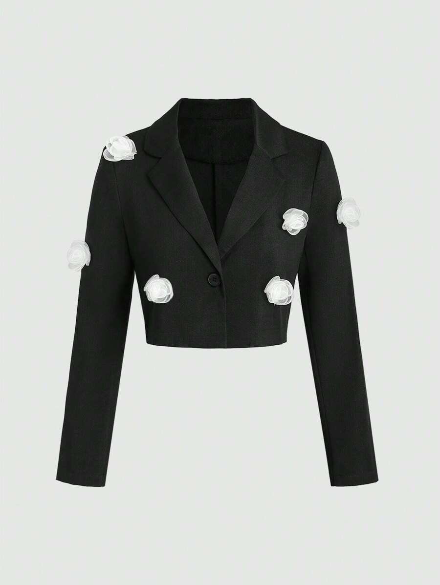 Sweetra 女裝長袖西裝外套,3d花裝飾 - 黑色 - 查看 1