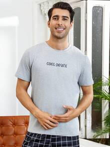Men'S Letter Printed Short Sleeve Home Wear Top - Grey - View 1