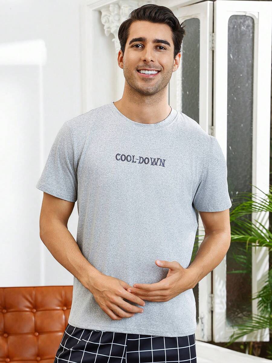 Men'S Letter Printed Short Sleeve Home Wear Top - Grey - View 1