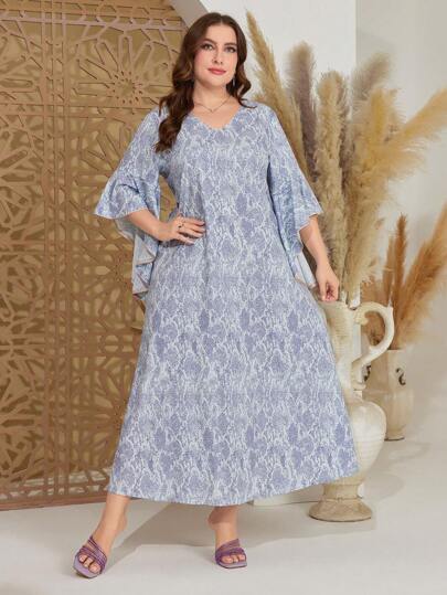 Al Najma 加大尺寸女式全印花阿拉伯風鈴鐺袖裙