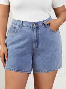 SHEIN Privé Plus High Waist Denim Shorts - Light Wash - View 1