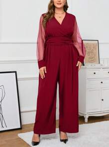 SHEIN Privé 大尺碼女款透視長袖褶皺高腰連身褲 - 酒紅色 - 查看 3