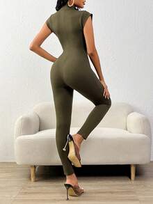 SHEIN PETITE Ladies' Sleeveless Zipper Front Skinny Jumpsuit Unitard - Army Green - View 2