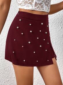 SHEIN Privé Women's Pearl Decor Wrap Skorts - Burgundy - View 6