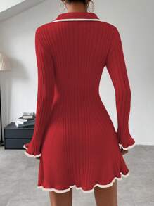 Chiquease 女士彩色拼接邊波浪袖毛衣連衣裙 - 紅色 - 查看 2