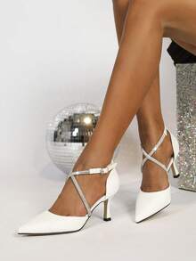 Pointed Toe Chunky Heels Women's High Heels 2024 Spring Autumn New Hollow Out Rhinestone Buckle Strap Shoes All-Match Women's Shoes - White - View 6