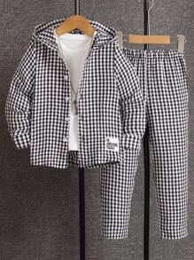 SHEIN Young Boy Plaid Jacket & Pants Set With Letter Patch - Black and White - View 1