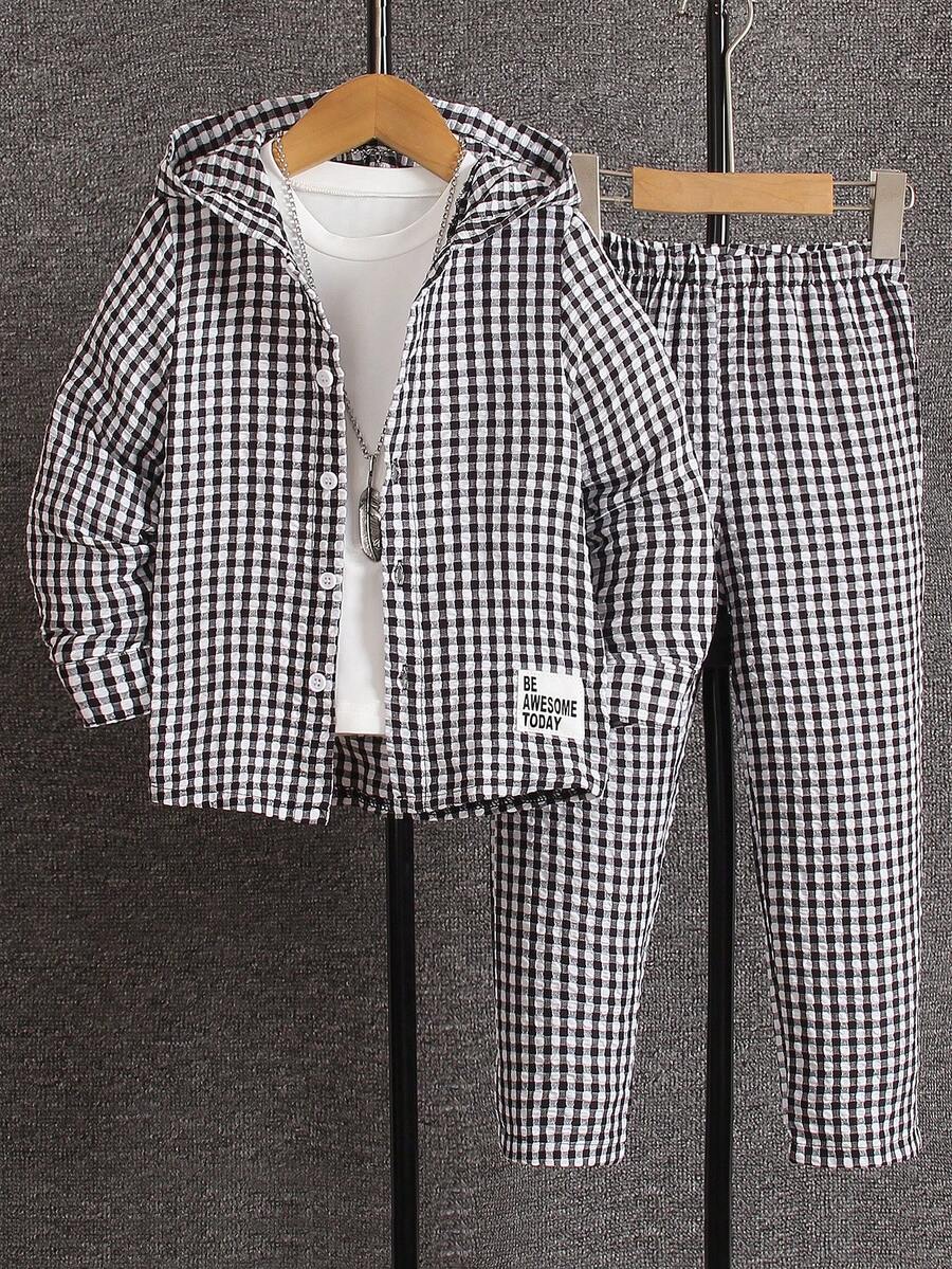 SHEIN Young Boy Plaid Jacket & Pants Set With Letter Patch - Black and White - View 1