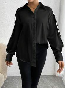 SHEIN Privé 女性彩塊邊長袖襯衫 - 黑色 - 查看 6