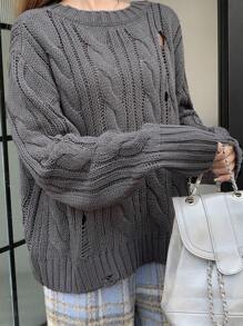 DAZY 女士纯色扭纹针织毛衣，秋装 - 深灰色 - 查看 2
