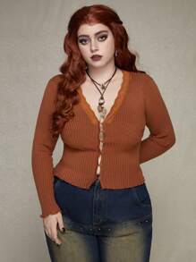 ROMWE PUNK Plus Size Lace Embellished Long Sleeve Cardigan - Coffee Brown - View 1