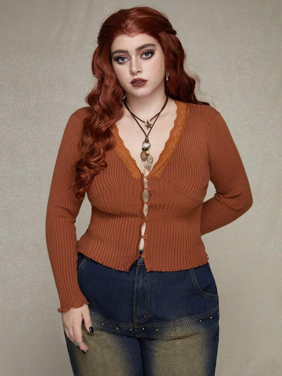 ROMWE PUNK Plus Size Lace Embellished Long Sleeve Cardigan - Coffee Brown - View 1