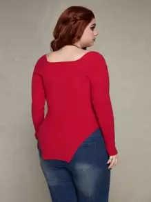 ROMWE PUNK Plus Size Women's Sweetheart Neck Sweater Pullover - Red - View 2