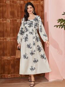 Mulvari Ladies' Floral Print Lantern Sleeves Dress - White - View 4